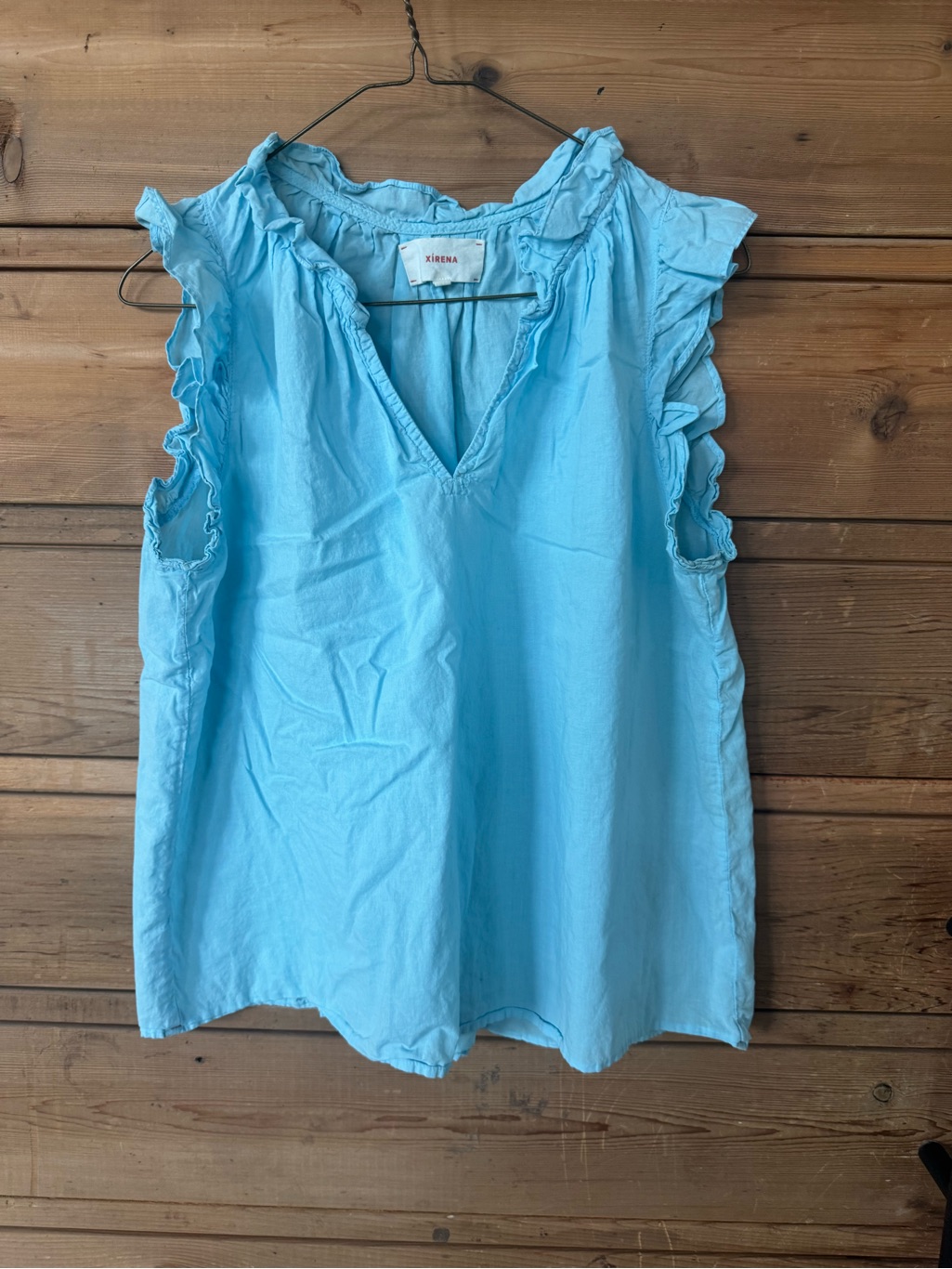 Xirena Light Blue Ruffle Trim V-Neck Sleeveless Top